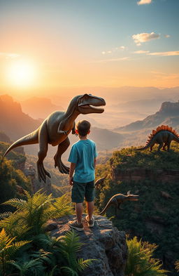 A 14-year-old boy standing at the edge of a cliff with his Utahraptor, both gazing over a breathtaking prehistoric landscape filled with various dinosaurs such as T-Rex, Triceratops, and Brachiosaurus