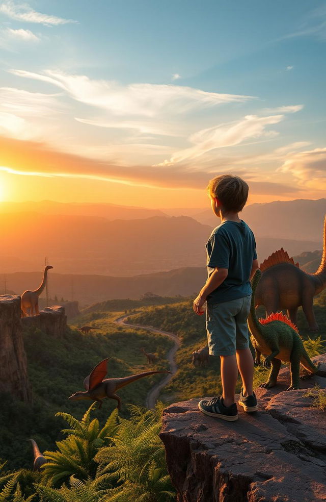 A 14-year-old boy standing at the edge of a cliff with his Utahraptor, both gazing over a breathtaking prehistoric landscape filled with various dinosaurs such as T-Rex, Triceratops, and Brachiosaurus