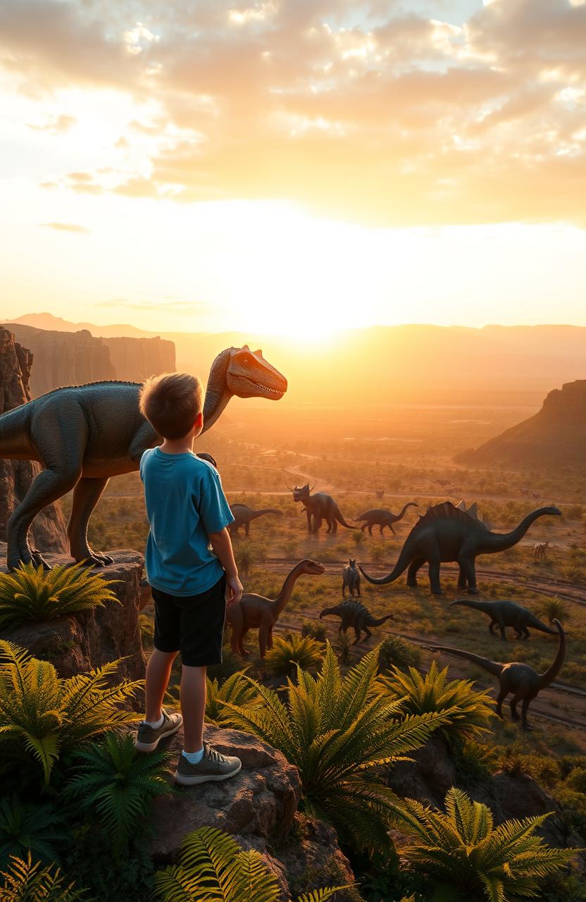 A 14-year-old boy standing at the edge of a cliff with his Utahraptor, both gazing over a breathtaking prehistoric landscape filled with various dinosaurs such as T-Rex, Triceratops, and Brachiosaurus