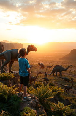 A 14-year-old boy standing at the edge of a cliff with his Utahraptor, both gazing over a breathtaking prehistoric landscape filled with various dinosaurs such as T-Rex, Triceratops, and Brachiosaurus