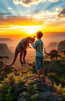 A 14-year-old boy standing at the edge of a cliff with his Utahraptor, both gazing over a breathtaking prehistoric landscape filled with various dinosaurs such as T-Rex, Triceratops, and Brachiosaurus
