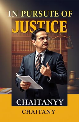 A striking book cover design for the novel 'In Pursuit of Justice: Tales of Lawyer Ramachandra Shastry' by Chaitanya