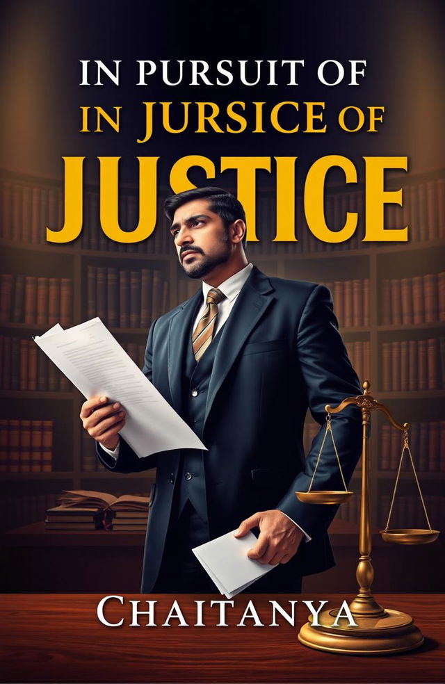 A striking book cover design for the novel 'In Pursuit of Justice: Tales of Lawyer Ramachandra Shastry' by Chaitanya