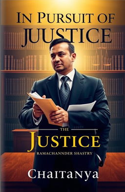 A striking book cover design for the novel 'In Pursuit of Justice: Tales of Lawyer Ramachandra Shastry' by Chaitanya