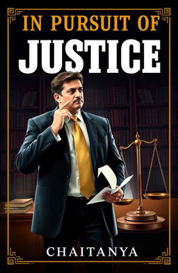 A striking book cover design for the novel 'In Pursuit of Justice: Tales of Lawyer Ramachandra Shastry' by Chaitanya