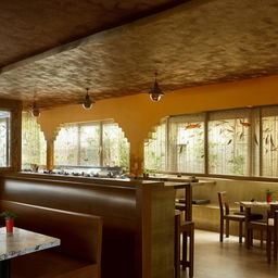 A simple, sober restaurant in dhaba style, infused with the essence of Malvan design. The main feature is a prominent fish tank.