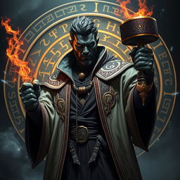 An arcane summoner with black skin, holding a mystical hand hammer, dressed in elaborate mage robes adorned with ancient symbols