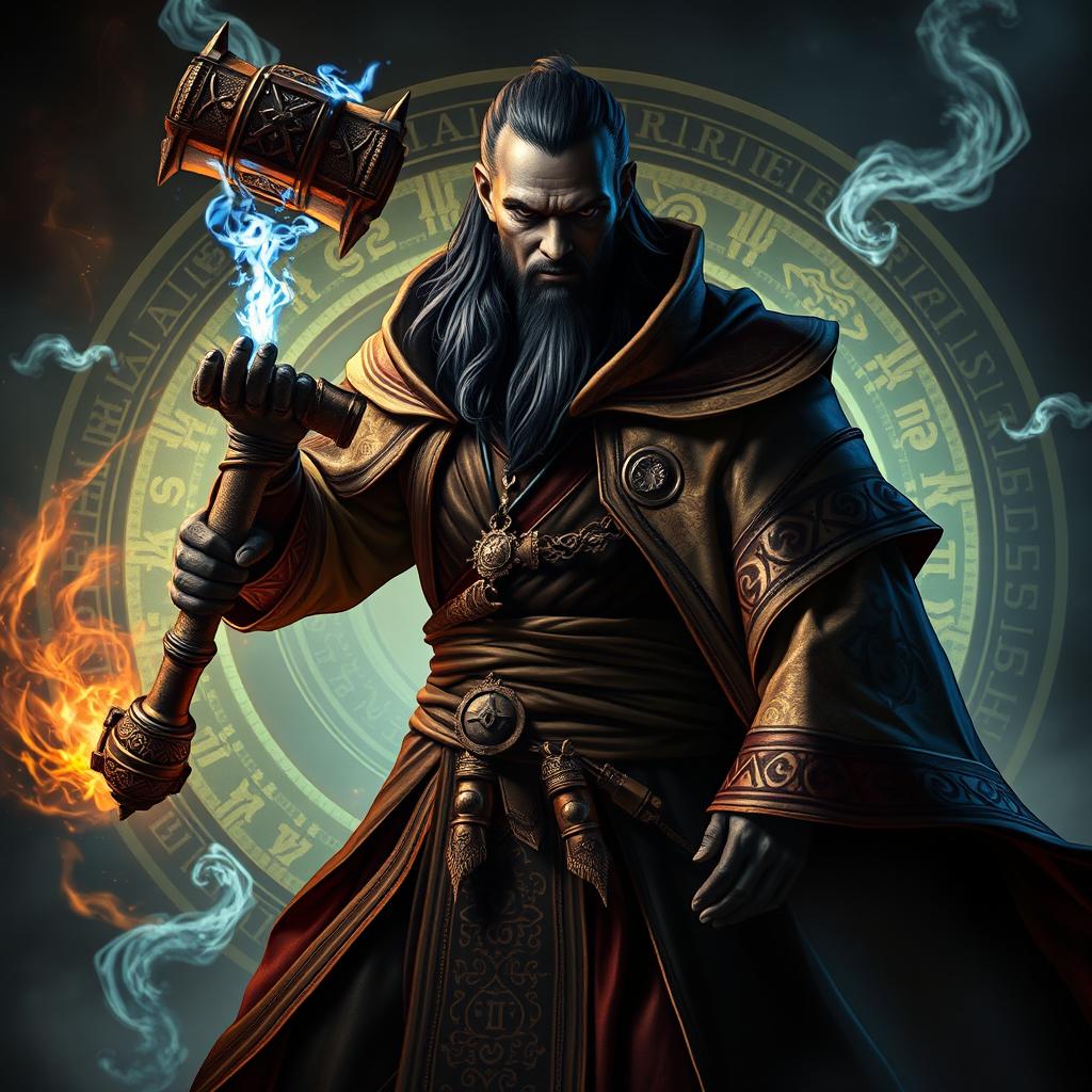 An arcane summoner with black skin, holding a mystical hand hammer, dressed in elaborate mage robes adorned with ancient symbols