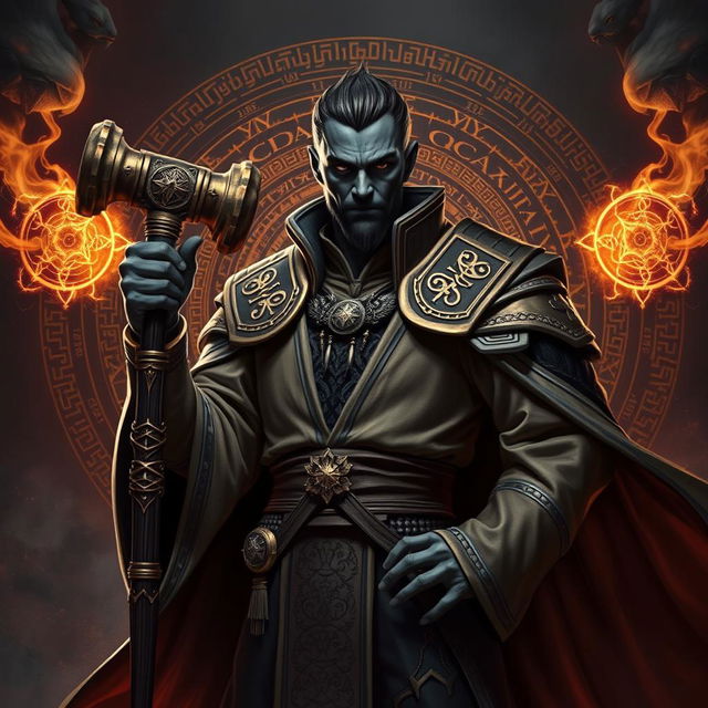 An arcane summoner with black skin, holding a mystical hand hammer, dressed in elaborate mage robes adorned with ancient symbols