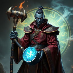 An arcane summoner with black skin, holding a mystical hand hammer, dressed in elaborate mage robes adorned with ancient symbols