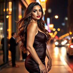 A glamorous and alluring woman with long, flowing hair, wearing a stunning, form-fitting evening gown that accentuates her curves