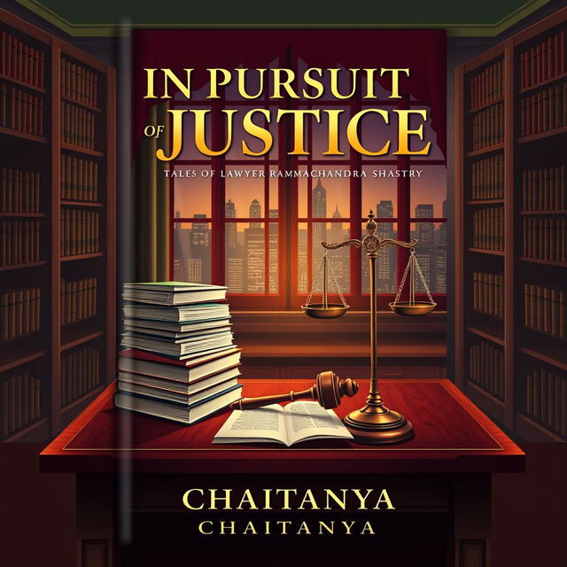 A captivating book cover design for the novel 'In Pursuit of Justice: Tales of Lawyer Ramachandra Shastry' by Chaitanya