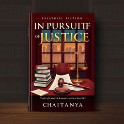 A captivating book cover design for the novel 'In Pursuit of Justice: Tales of Lawyer Ramachandra Shastry' by Chaitanya
