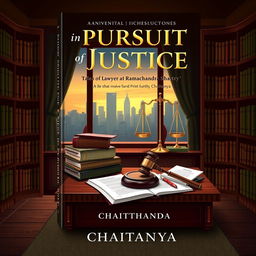 A captivating book cover design for the novel 'In Pursuit of Justice: Tales of Lawyer Ramachandra Shastry' by Chaitanya