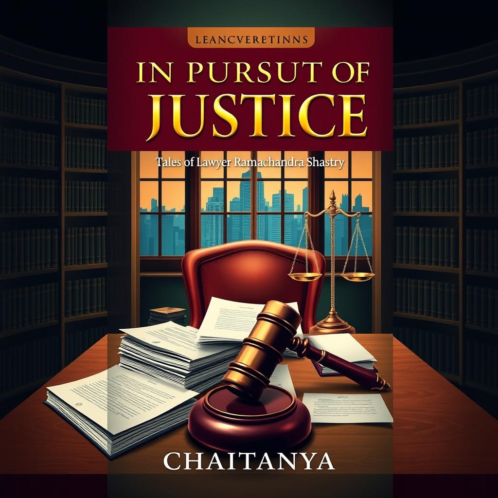 A captivating book cover design for the novel 'In Pursuit of Justice: Tales of Lawyer Ramachandra Shastry' by Chaitanya