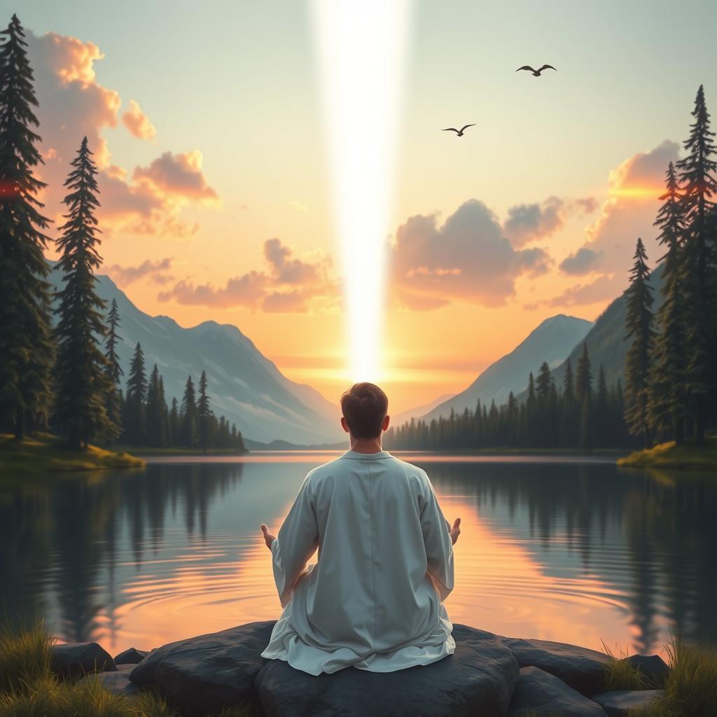 A serene landscape depicting a peaceful relationship with God, where a person is meditating by a tranquil lake surrounded by tall trees and mountains