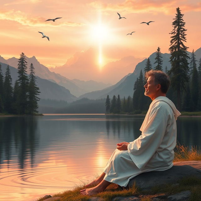 A serene landscape depicting a peaceful relationship with God, where a person is meditating by a tranquil lake surrounded by tall trees and mountains