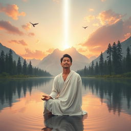 A serene landscape depicting a peaceful relationship with God, where a person is meditating by a tranquil lake surrounded by tall trees and mountains