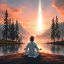 A serene landscape depicting a peaceful relationship with God, where a person is meditating by a tranquil lake surrounded by tall trees and mountains