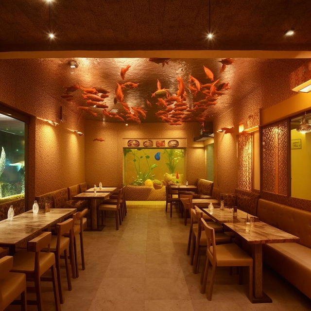 A simple, sober restaurant in dhaba style, infused with the essence of Malvan design. The main feature is a prominent fish tank.