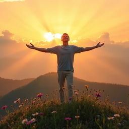 A serene landscape depicting a person standing on a mountain peak during sunrise, arms outstretched in a gesture of praise and connection with the divine
