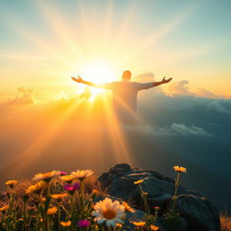 A serene landscape depicting a person standing on a mountain peak during sunrise, arms outstretched in a gesture of praise and connection with the divine