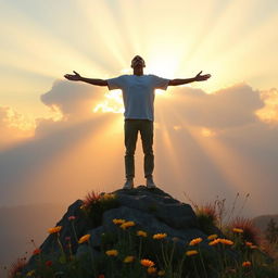 A serene landscape depicting a person standing on a mountain peak during sunrise, arms outstretched in a gesture of praise and connection with the divine