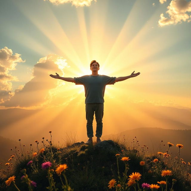 A serene landscape depicting a person standing on a mountain peak during sunrise, arms outstretched in a gesture of praise and connection with the divine