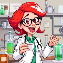 A vibrant illustration of a character resembling a doctor, named Scarlett, with striking red hair and stylish glasses