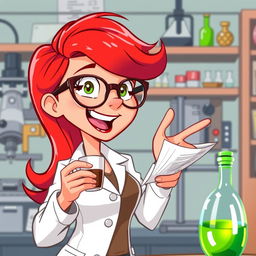 A vibrant illustration of a character resembling a doctor, named Scarlett, with striking red hair and stylish glasses