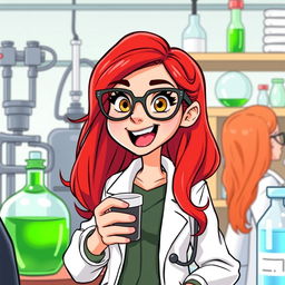 A vibrant illustration of a character resembling a doctor, named Scarlett, with striking red hair and stylish glasses