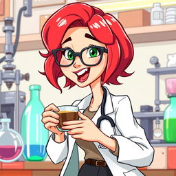 A vibrant illustration of a character resembling a doctor, named Scarlett, with striking red hair and stylish glasses