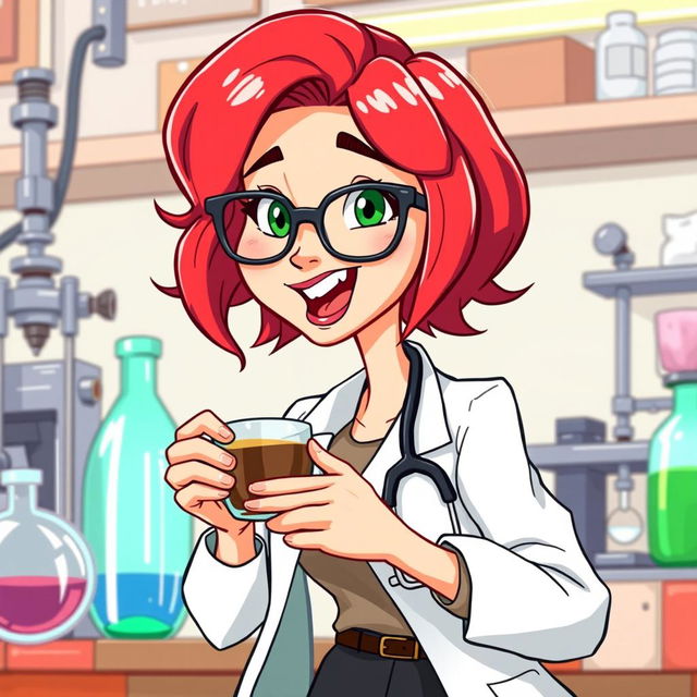 A vibrant illustration of a character resembling a doctor, named Scarlett, with striking red hair and stylish glasses