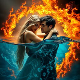 A beautiful young woman with long blonde hair gently hugs a handsome man with striking black hair