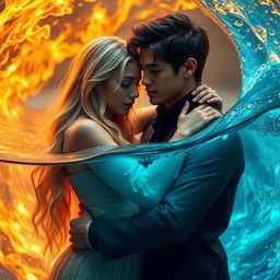 A beautiful young woman with long blonde hair gently hugs a handsome man with striking black hair