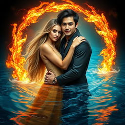 A beautiful young woman with long blonde hair gently hugs a handsome man with striking black hair