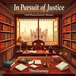 An engaging book cover design for the novel 'In Pursuit of Justice: Tales of Lawyer Ramachandra Shastry' by Chaitanya, focusing on elements of Indian lifestyle without any human figures