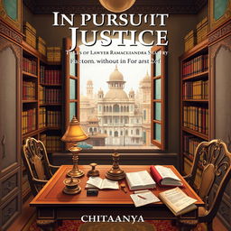 An engaging book cover design for the novel 'In Pursuit of Justice: Tales of Lawyer Ramachandra Shastry' by Chaitanya, focusing on elements of Indian lifestyle without any human figures