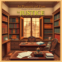 An engaging book cover design for the novel 'In Pursuit of Justice: Tales of Lawyer Ramachandra Shastry' by Chaitanya, focusing on elements of Indian lifestyle without any human figures