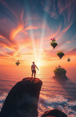 A breathtaking scene depicting a vast, surreal landscape representing the concept of love transcending time and space