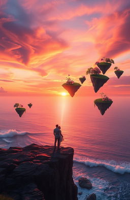A breathtaking scene depicting a vast, surreal landscape representing the concept of love transcending time and space