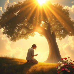 A serene and ethereal scene representing a relationship with God, showing a person kneeling in prayer under a majestic tree bathed in golden sunlight, surrounded by gentle, swirling clouds and soft rays of light streaming down