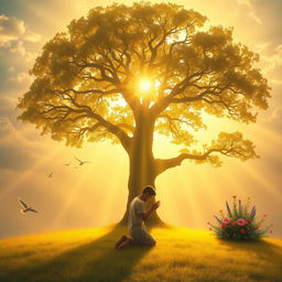 A serene and ethereal scene representing a relationship with God, showing a person kneeling in prayer under a majestic tree bathed in golden sunlight, surrounded by gentle, swirling clouds and soft rays of light streaming down