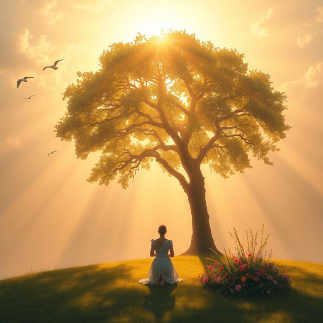 A serene and ethereal scene representing a relationship with God, showing a person kneeling in prayer under a majestic tree bathed in golden sunlight, surrounded by gentle, swirling clouds and soft rays of light streaming down