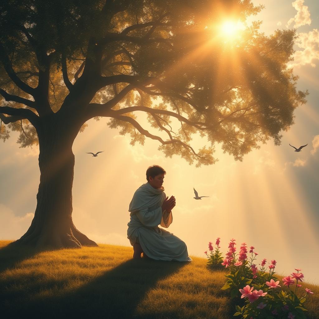 A serene and ethereal scene representing a relationship with God, showing a person kneeling in prayer under a majestic tree bathed in golden sunlight, surrounded by gentle, swirling clouds and soft rays of light streaming down