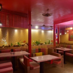 A simple, sober restaurant in dhaba style, infused with the essence of Malvan design. The main feature is a prominent fish tank.