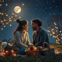 A stunning portrayal of love in its purest form, showcasing an intimate moment between two lovers under a starry night sky