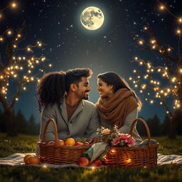 A stunning portrayal of love in its purest form, showcasing an intimate moment between two lovers under a starry night sky