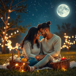 A stunning portrayal of love in its purest form, showcasing an intimate moment between two lovers under a starry night sky