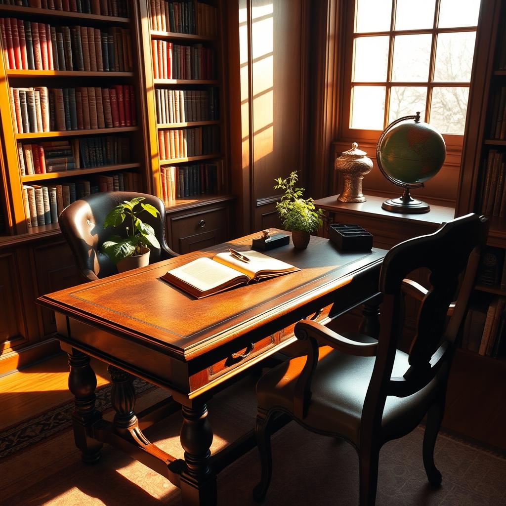 A beautifully crafted vintage wooden desk in a cozy study room, bathed in warm sunlight streaming through a large window